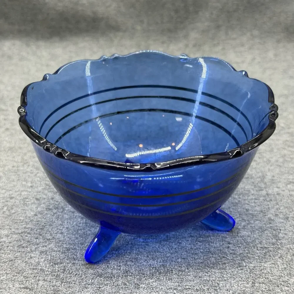 VTG Cobalt Blue Glass Candy Dish Bowl Mt Pleasant 3 Black Stripes 3 Toed READ